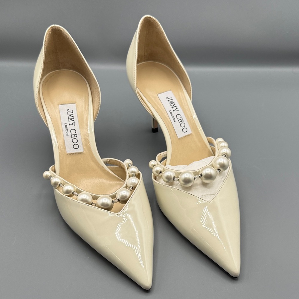 Jimmy Choo Cream Patent Leather Heels with Pearl Detail